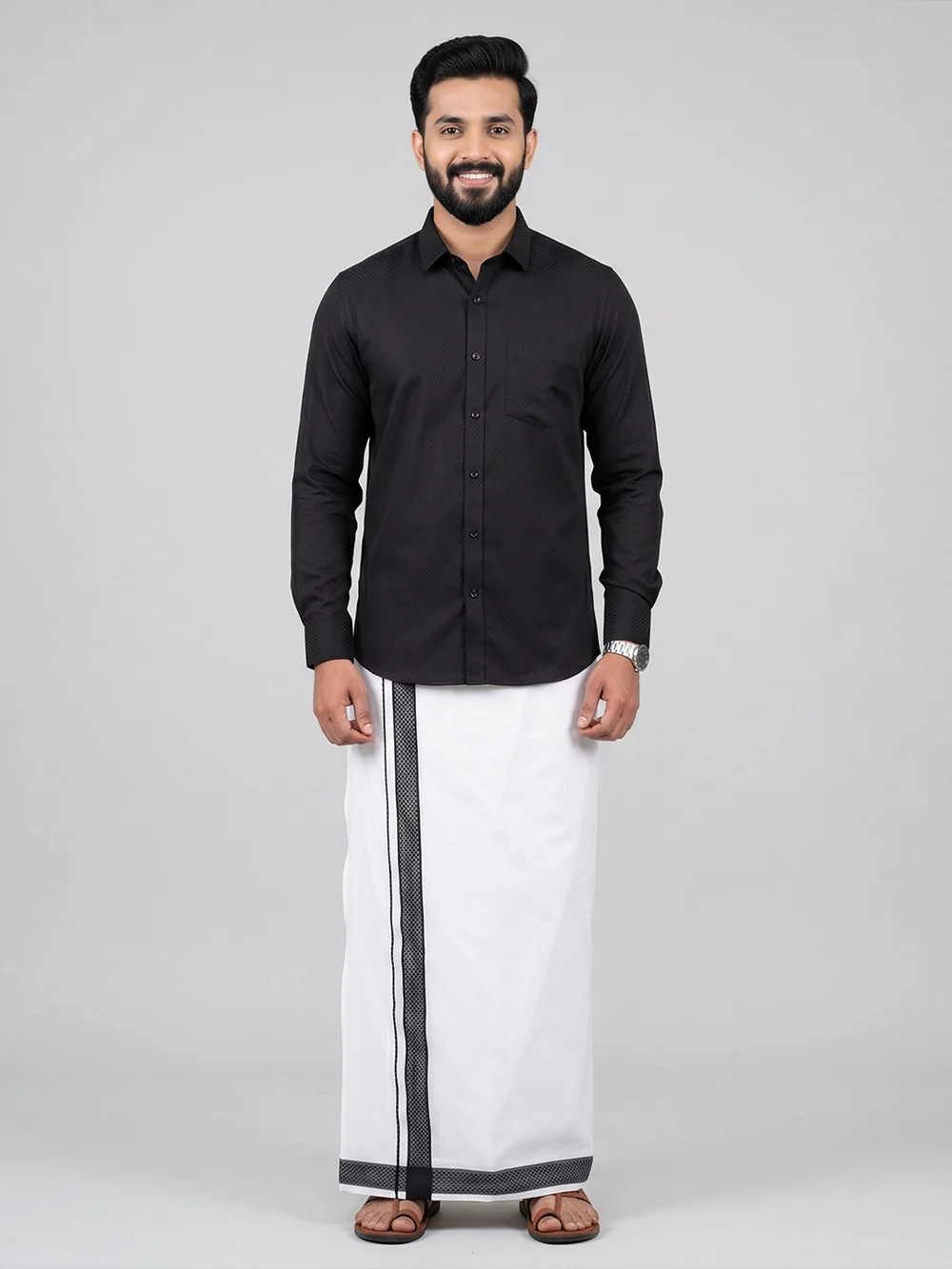 Men Black Matching Border Dhoti With Printed Shirt Set Windsor HNJ6
